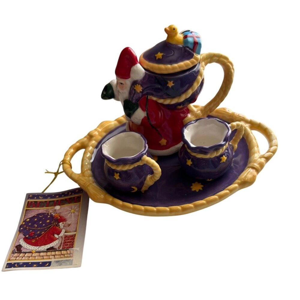 Vintage Enesco Mary Engelbreit Believe Mini Teapot & Cups Collectible Set Santa